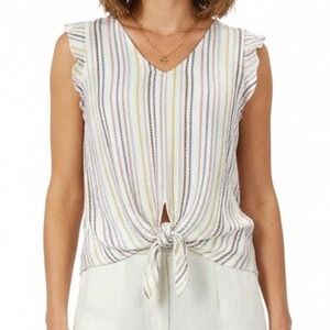 West K White V-Neck Sleeveless Tie-Front Ruffle Top Large Summer Multicolor